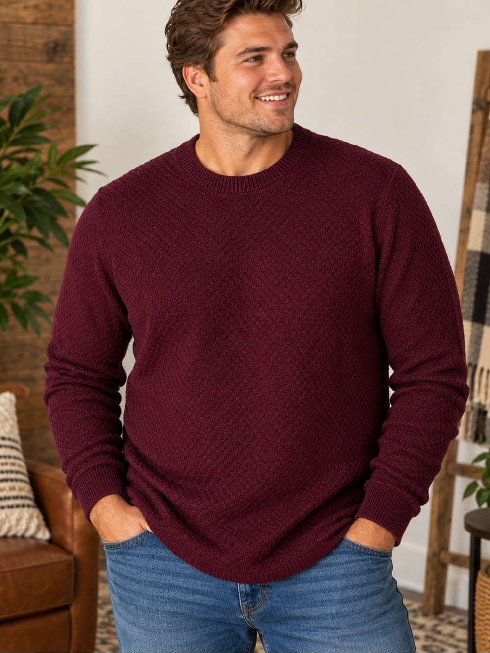 Hollister Burgundy Textured Crewneck Sweater Men’s XL Curved Hem Pullover